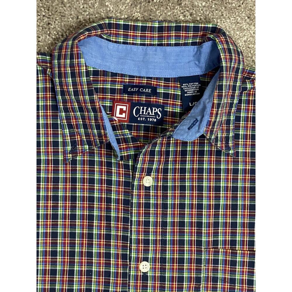 Chaps Men's Plaid Button Down Long Sleeve Shirt Size L Easy Care Blue Red Green